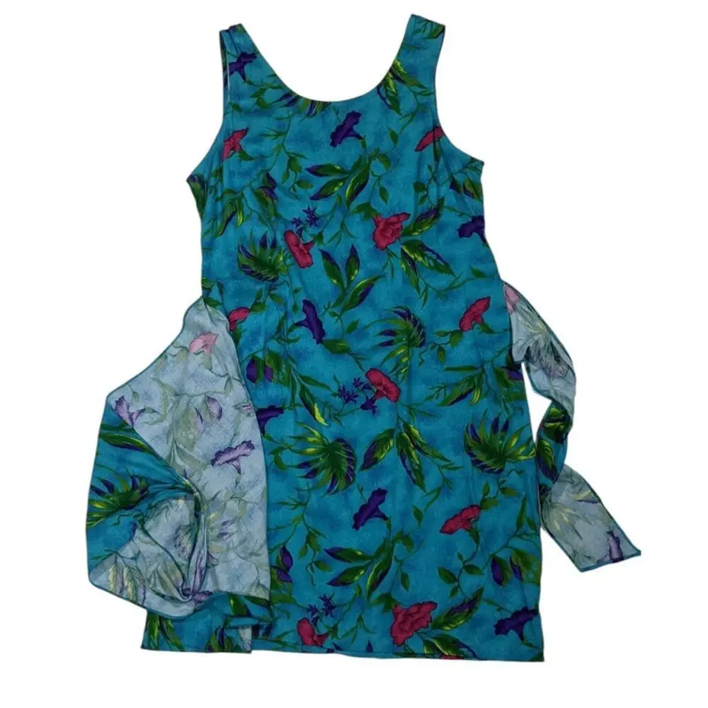 Vtg Just in Tyme Floral Tropical Hawaiian Faux Wrap Dress Blue Vacation Size 16 - Picture 2 of 7